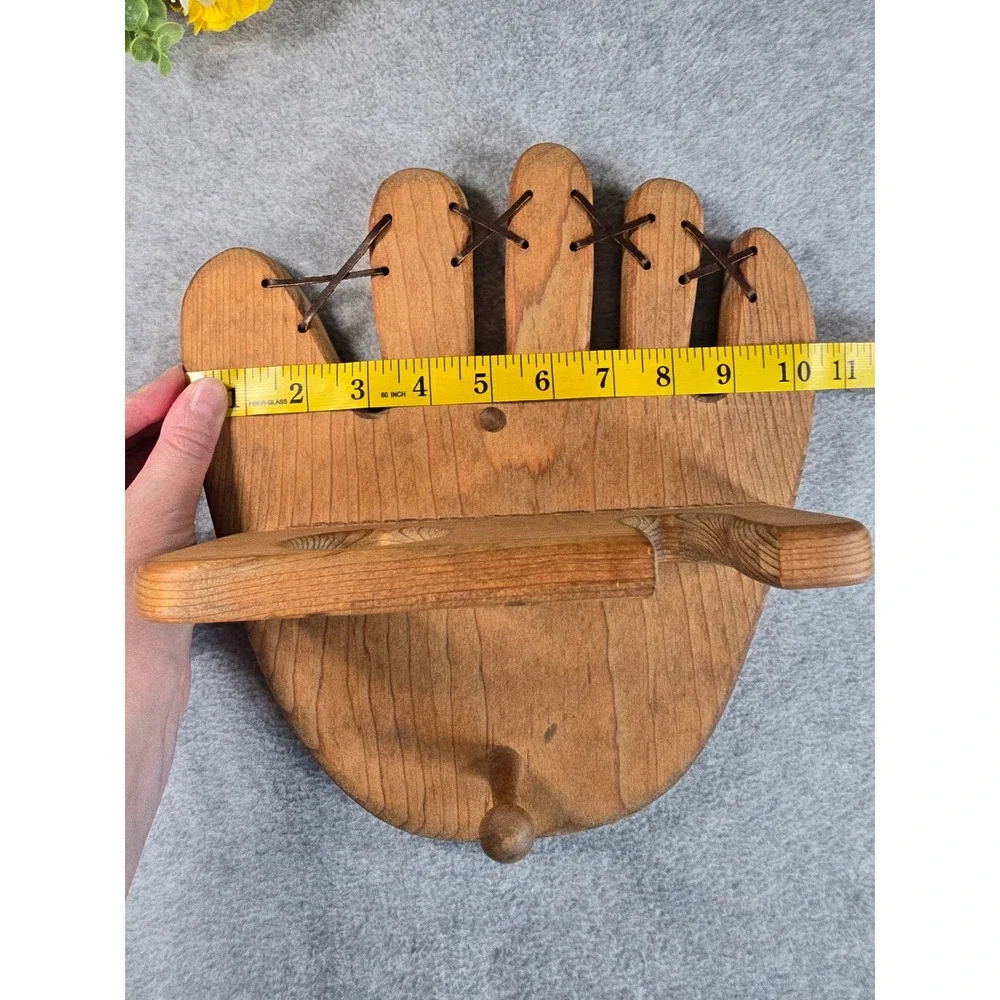 Y2K Wood Baseball Glove Wall Shelf Bat Mitt Holder Brown Sports Decor Rustic